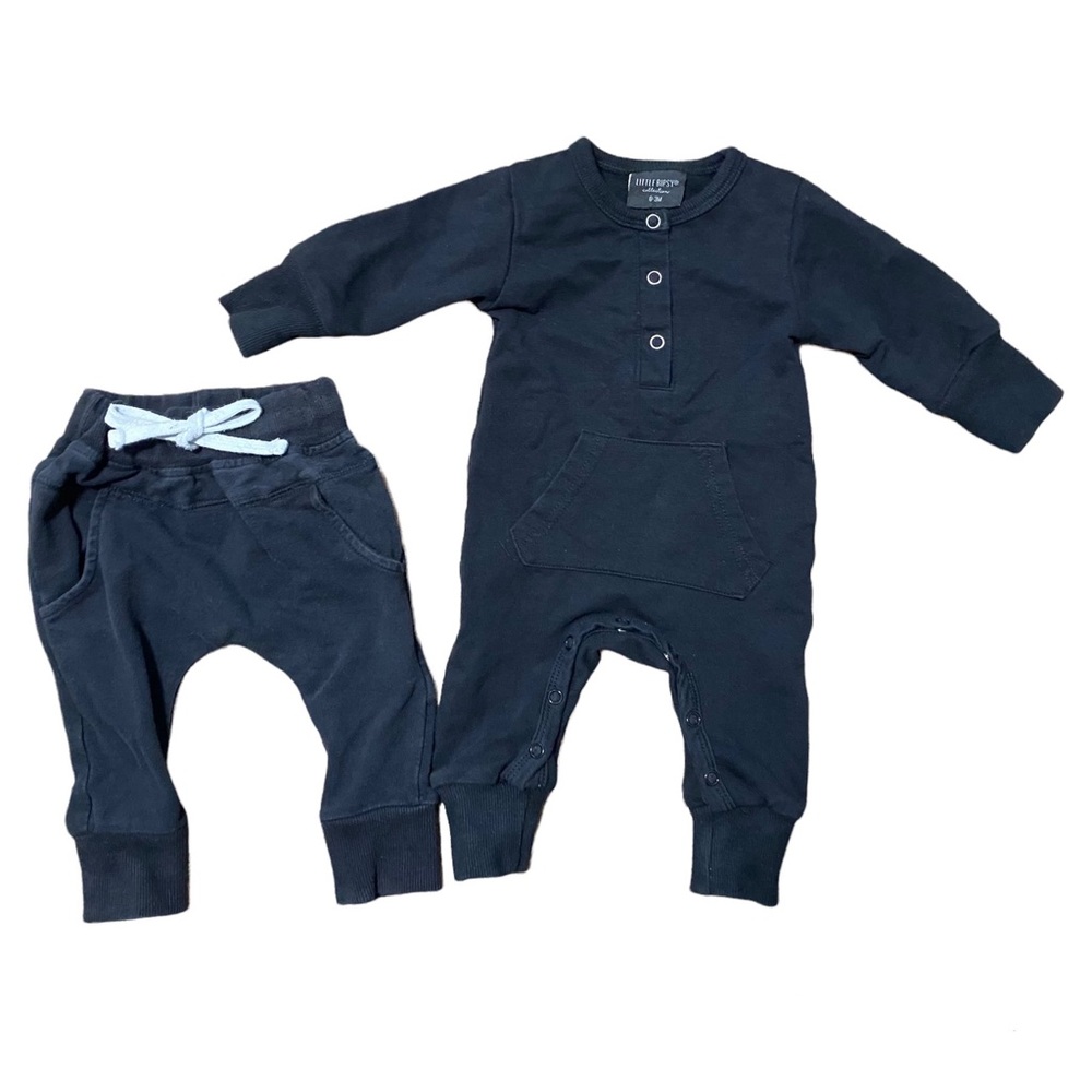 Little Bipsy Black Joggers And Snap Long Sleeve Romper W/ Front Pouch 0-3 Months